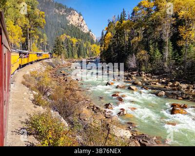 Durango, CO - 7. Oktober 2023: Die historische Dampfeisenbahn der Silverton-Durange Railroad schlängelt sich entlang des Animas Creek in den San Juan Bergen von Colorado Stockfoto