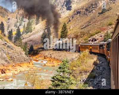 Durango, CO - 7. Oktober 2023: Die historische Dampfeisenbahn der Silverton-Durange Railroad schlängelt sich entlang des Animas Creek in den San Juan Bergen von Colorado Stockfoto