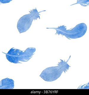 Nahtloses Aquarell traumhaftes Muster zarte kleine blaue Federn auf neutralweißem Hintergrund Stockfoto