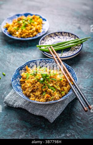 Indische Biryani, beliebtes indisches Reisgericht, serviert in kleinen Schüsseln mit grünen Zwiebeln Stockfoto