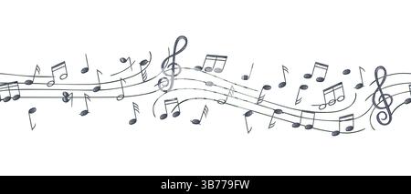 Schwarze Musiknoten auf dem nahtlosen Banner des Staff Aquarell isolierten Hintergrund. Fliegende Soundsymbole auf winkenden Stabbildern für Musik-Branding Stockfoto