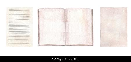 Öffnen Sie leeres Buch mit linierten Seiten und losen Papierbögen Aquarell Illustration Clip Art isolierter Hintergrund. Vorlage für Heimwerkerplaner, Gedichtbücher Stockfoto