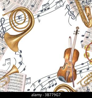 Aquarell-Musikinstrumente, Notizblätter und Notenblätter auf einem quadratischen Rahmen, der auf weißem Hintergrund isoliert ist. Horn, Violine, Trompete Stockfoto