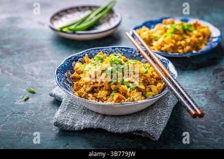 Indische Biryani, beliebtes indisches Reisgericht, serviert in kleinen Schüsseln mit grünen Zwiebeln Stockfoto