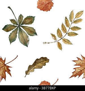 Nahtloses Muster mit verschiedenen Herbstblättern. Handgemachte Aquarellillustration. Farbbild. Ideal zum Verpacken, Dekorieren, Textilien und Tapeten, für Stockfoto