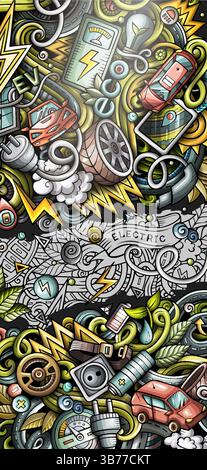 Handgezeichnetes Kritzelbanner für Elektrofahrzeuge. Detaillierter Flyer für Cartoon. Automobil-Identität mit Objekten und Symbolen. Farbvektor-Design-Elemente Backgro Stock Vektor