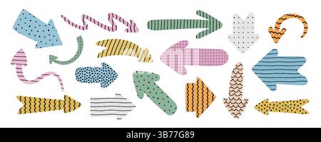 Handgezeichnete abstrakte Pfeilformen mit weichen Pinsellinien und Mustern. Vektordesign perfekt für moderne Elemente, Navigationssymbole und verspielte Layouts Stock Vektor