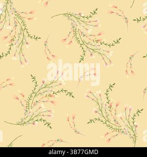 Zartes, nahtloses Wildblumenmuster in sanften Pfirsichtönen und Gelbtönen. Handgemalte snapdragon-Blumen auf botanischer Wiederholungsstruktur für den Frühling Stockfoto