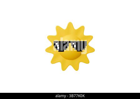 3D-Modell gelbe Sonne in Pixel-Sonnenbrille, Sonne und Wetter, heiße Sonne Stockfoto