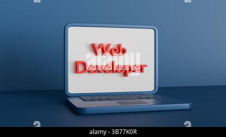 3D-Laptop blau mit der Aufschrift auf dem Bildschirm Web Developer auf weißem Hintergrund, Programmierung und Entwicklung von Websites und Programmen Stockfoto