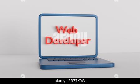 3D-Laptop blau mit der Aufschrift auf dem Bildschirm Web Developer auf weißem Hintergrund, Programmierung und Entwicklung von Websites und Programmen Stockfoto