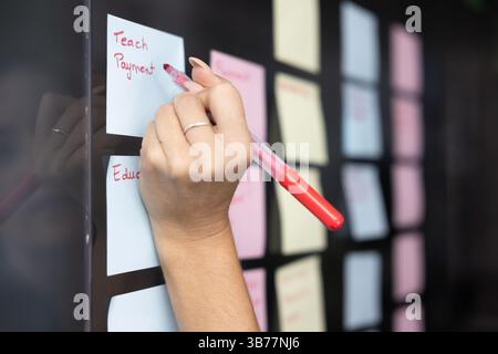 Handschrift auf Haftnotiz am Kanban-Brett Stockfoto