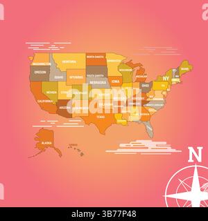 Amerikanische Karte Einzigartige Farbe, Alle Zustände, Rötlicher Hintergrund, Illustrationskunst Stock Vektor