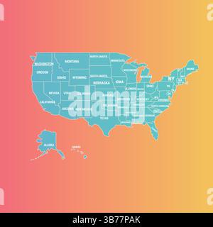 Amerikanische Karte Eindeutige Farbe, Alle Zustände, Verlaufender Hintergrund, Illustrationskunst Stock Vektor