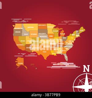 Amerikanische Karte einzigartige Farbe, alle Zustand, Raddish Hintergrund | Illustration Art Stock Vektor