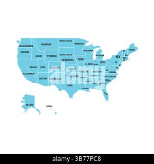 Amerikanische Karte einzigartige Farbe, alle zustände, weißer Hintergrund, Illustrationskunst Stock Vektor