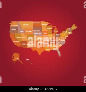 Amerikanische Karte Einzigartige Farbe, Alle Zustände, Rötlicher Hintergrund, Illustrationskunst Stock Vektor