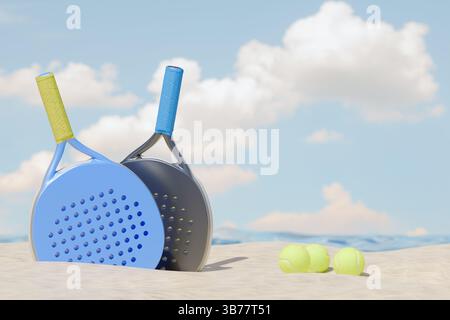 Beach Padel Tennis Spiel mit Schlägern und Bällen an einem sonnigen Tag am Strand. 3D-Rendering Stockfoto