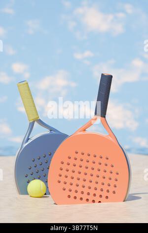 Padel Tennisschläger und Ball an einem sonnigen Tag, perfekt für einen Sommerurlaub Aktivität. 3D-Rendering Stockfoto
