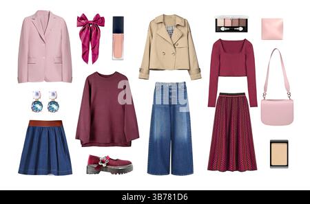 Mode Damenkleidung Set isoliert auf weiß.Kollektion von stilvoller Kleidung.trendiger Look.weibliche Kleidung Collage. Stockfoto
