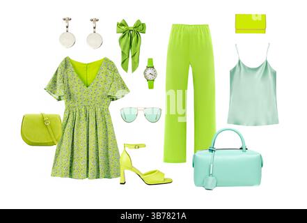 Grüne Kleidung Collage, Damenkleidung Set isoliert auf weiß, Mode Kleidung und Accessoires Sammlung, Frühling Schönheit, Damenkleidung.Objekt. Stockfoto