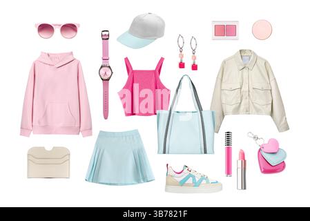 Frühling Sommer Mode Mode Mode Collage, Damenkleidung Outfit isoliert auf weiß, trendige Look, rosa blaue Kleidung Sport Stil, Freizeitkleidung. Niemand, obj Stockfoto