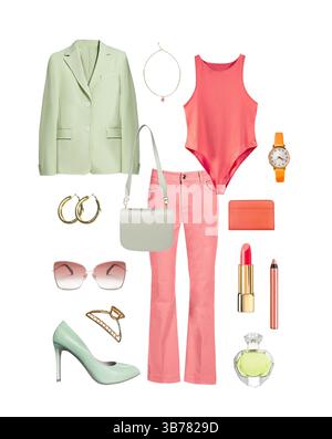 Weibliche Sommer Frühling Stil Kleidung Kollektion isoliert auf weiß. Helle Damenbekleidung und Accessoires.trendiges Outfit.Fashion Look. Stockfoto