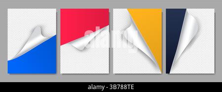 Vektorabbildung. Realistisch gewelltes Hochglanzpapier mit abgerundeten Ecken. Set mit farbenfrohen Hintergründen. Gefaltete Stickerelemente für Poster, Bücher Stock Vektor