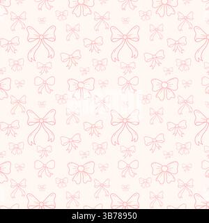 Nahtloses Muster Mit Rosafarbener Schleife. Feminine Coquette Bänder Line Art Endlosmuster für Geschenkpapier, Druckkunst, Verpackung Stock Vektor