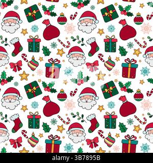 Festliches Weihnachtsmuster mit Santa Head, Geschenken und dekorativen Elementen. Nahtloses Weihnachtsmuster von Hand für Stoff, Geschenkpapier, Textil Stock Vektor