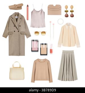 Wunderschöne Damenkleidung, isoliert auf weiß. Sammlung von Damenbekleidung, Kleidung. Outfit. Stockfoto