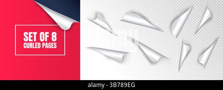 Vektorabbildung. Set aus 8 realistisch gewellten Papierseiten mit gefalteten Ecken und Schatteneffekten auf transparentem Hintergrund für Webbanner und Poster Stock Vektor