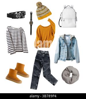 Winter, Herbst weibliche Kleidung Set isoliert auf weiß. Damenbekleidung Kollektion.Sweater, Jeans und Accessoires.Strickwaren. Stilvolles, trendiges Kleidungsstück. Stockfoto