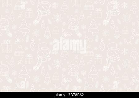 Merry Christmas and New Year Line Art nahtloses Muster mit weißen Weihnachtsschmuck Ikonen auf beigefarbenem Hintergrund. Weißes Geschenkpapier Stock Vektor
