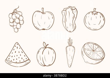 Stellen Sie die Obst- und Gemüsesammlung dar. Handgezeichnetes Set aus Obst und Gemüse mit Doodle-Symbolen. Stock Vektor