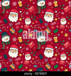 Nahtloses Weihnachtsmuster von Hand mit Weihnachtsmann-Kopf, Schneemann- und Dekorationselementen. Merry Christmas-Druck für Geschenkpapier, Textil Stock Vektor