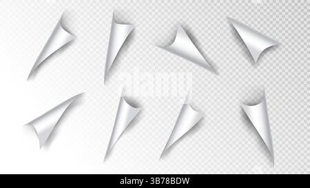 Vektorabbildung. Ecken der gewellten Papierseite. Umkehren der Papierblattkanten. Aufkleber mit gefalteten Ecken. Realistische Locken mit Schatten Stock Vektor