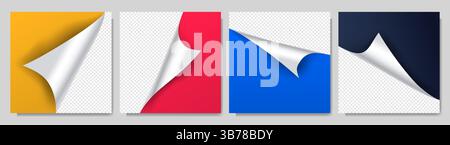 Vektorabbildung. Realistisches, gewelltes Papier in der Ecke mit farbenfrohen Hintergründen. Gefaltete, glänzende Seitenelemente mit Schatten für Webbanner und Poster Stock Vektor