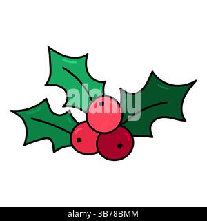 Weihnachtliche Stechpalme grüne Blätter mit roten Beeren Blumenstrauß-Symbol isoliert auf weißem Hintergrund. Symbol für stechpalme von Hand zeichnen Stock Vektor