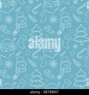 Weihnachtliche weiße Umrissornamente nahtloses Muster auf blauem Hintergrund. Geschenkpapier im Weihnachtsdesign mit Stylenkunst, Weihnachtsmann-Kopf, Schneemann Stock Vektor