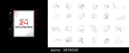Vektorsatz mit 24 Spritzern. Schwarze Farbspritzer. Flecken von flüssiger Tinte. Tropfen-Tropfen-Spritzer-Kollektion mit abstrakten Punktflecken Stock Vektor