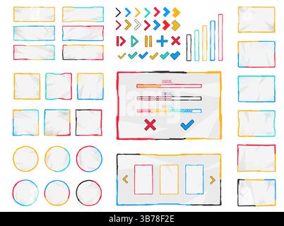 Vektorabbildung. Satz handgezeichneter vieleckiger Schaltflächen, Bildschirm- und Oberflächenelemente. Design für Menü, Startbildschirm, Videovorlage. Kindisch Stock Vektor