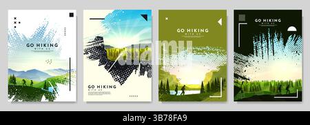 Vektor-Broschürenkarten-Set. Reisekonzept zur Entdeckung, Erkundung und Beobachtung der Natur. Wandern. Abenteuertourismus. Designvorlage des Flyers Stock Vektor