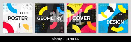 Vektorabbildung. Neo memphis Muster Bannerkollektion. Leuchtender farbiger Hintergrund. Coole, helle Hintergrundbilder. Design für Webbanner, Cover, Netzwerk Stock Vektor