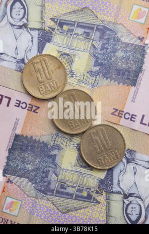 Verschiedene Banknoten und Münzen von rumänischem Geld Stockfoto
