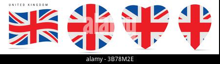 Vereinigtes Königreich schwenkende Flagge, runder kreisförmiger Aufkleber, herzförmiges Symbol, Kartennadel. Britische Flaggenknöpfe in verschiedenen Formen. Vektorabbildung isol Stock Vektor