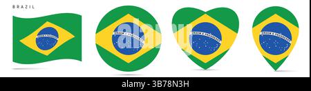 Brasilianische Flagge, kreisförmiges Aufkleberabzeichen, herzförmiges Symbol, Kartennadel. Brasilianische Flaggenknöpfe in verschiedenen Formen. Vektordarstellung isoliert o Stock Vektor