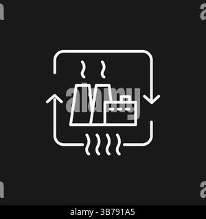 Minimalistische industrielle Fabrik-Symbol mit Pfeilen und Schornsteinen weiße Linie Kunst auf schwarzem Hintergrund Stock Vektor