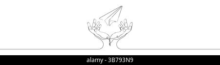 Eine Zeile Papier Flugzeug Hand Symbol Vektor Hintergrund. Papierflugzeug mit Händen Symbol. Durchgehende Kontur eines Symbols für die Hände des Papiers. Stock Vektor