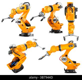 Roboterarme unterschiedliche Vorder-, Draufsicht, Seitenansicht. 3D-Rendering isoliert auf weißem Hintergrund Stockfoto
